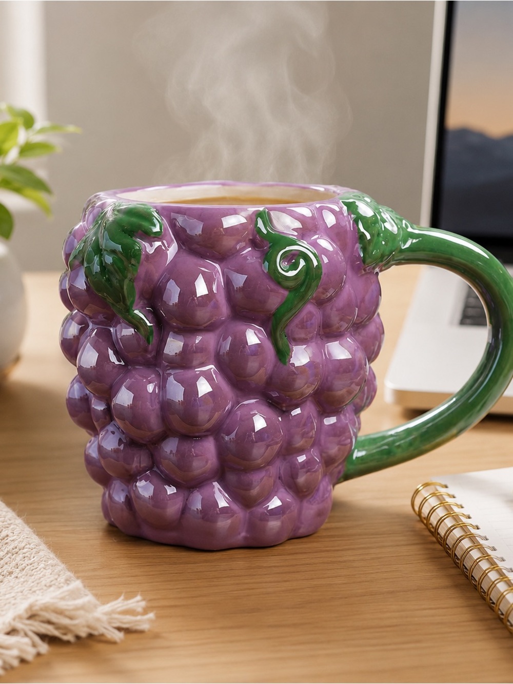 Purple Grape Ceramic Mug with Green Handle